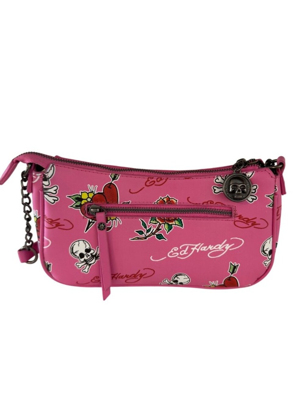 Ed Hardy Pink Tattoo Print Shoulder Bag With Skull Charm & Chain Accents - Picture 3 of 7